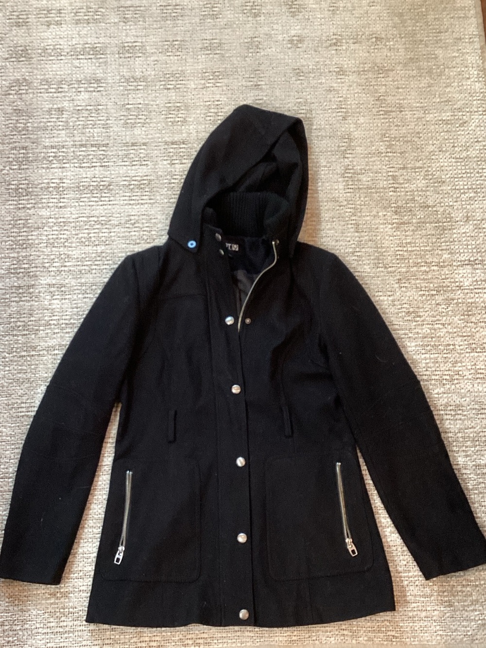 Apt. 9 Black Hooded Trench Coat with Zippered Pockets